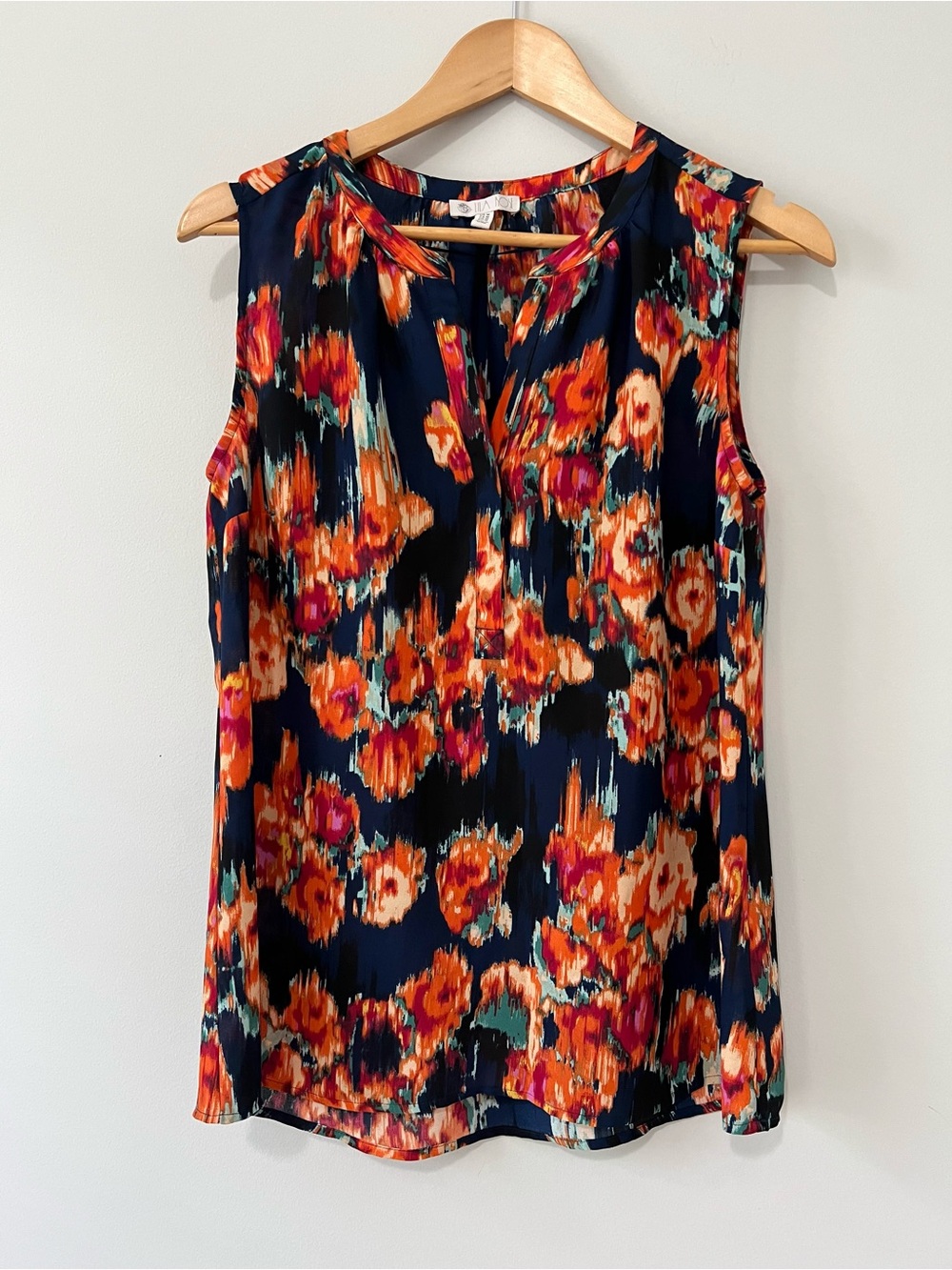 Lila Rose Abstract Floral Sleeveless Blouse Navy Orange Size M Boho